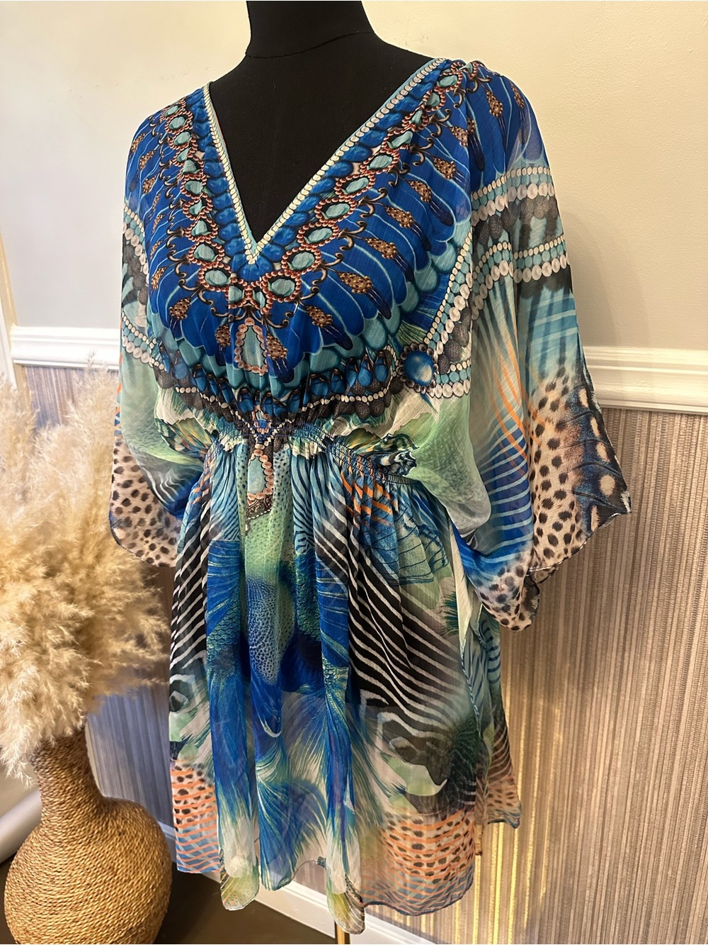 Peacock Print Kaftan Dress One Size Blue Boho Beach Cover Up Tunic Cruise Resort - Picture 3 of 9